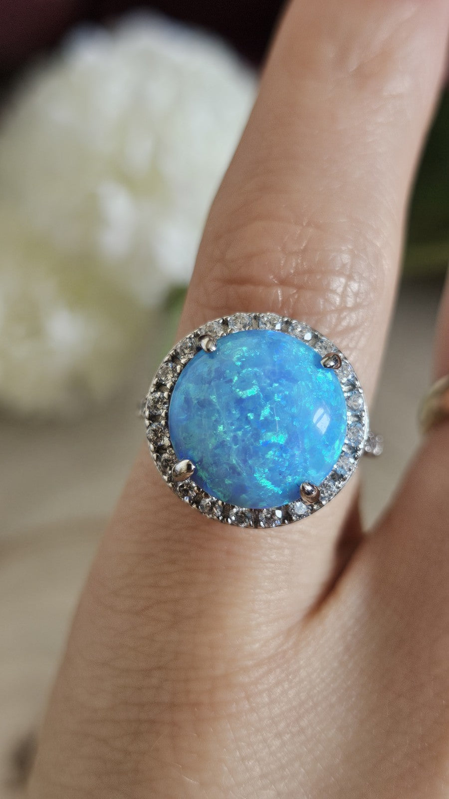 925 Sterling Silver Blue Opal & Zircon Halo Ring Size N 1/2 4.92g
