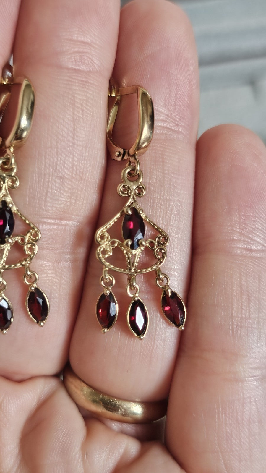 Vintage 9ct Yellow Gold Garnet Chandelier Drop Earrings 3.61g 41mm 375