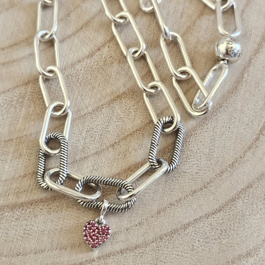 Pandora ALE 925 Sterling Silver Paperclip Chain Necklace Heart Charm 17.5"35.21g
