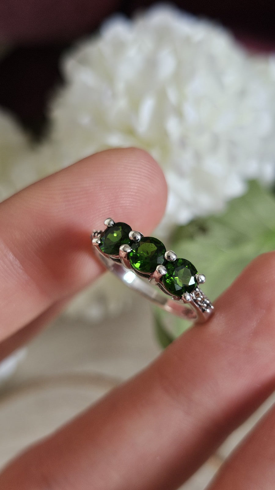 925 Sterling Silver Chrome Diopside Trilogy Ring Size L 1/2 TGGC 2.56g