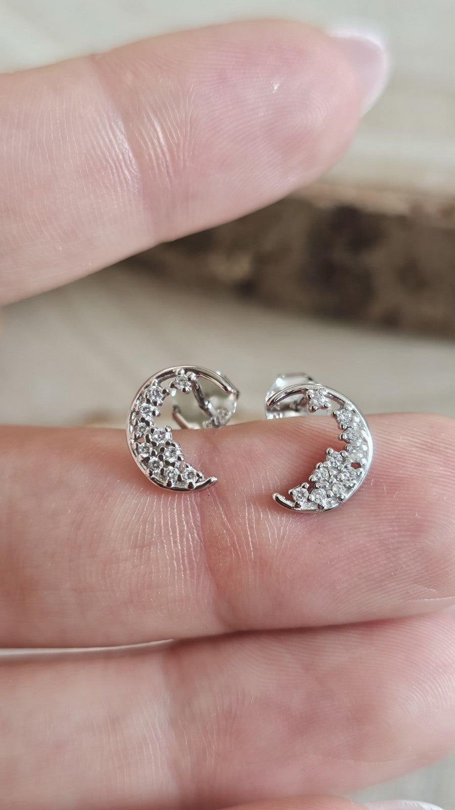 925 Sterling Silver CZ Crescent Moon Stud Earrings Rhodium Plated New