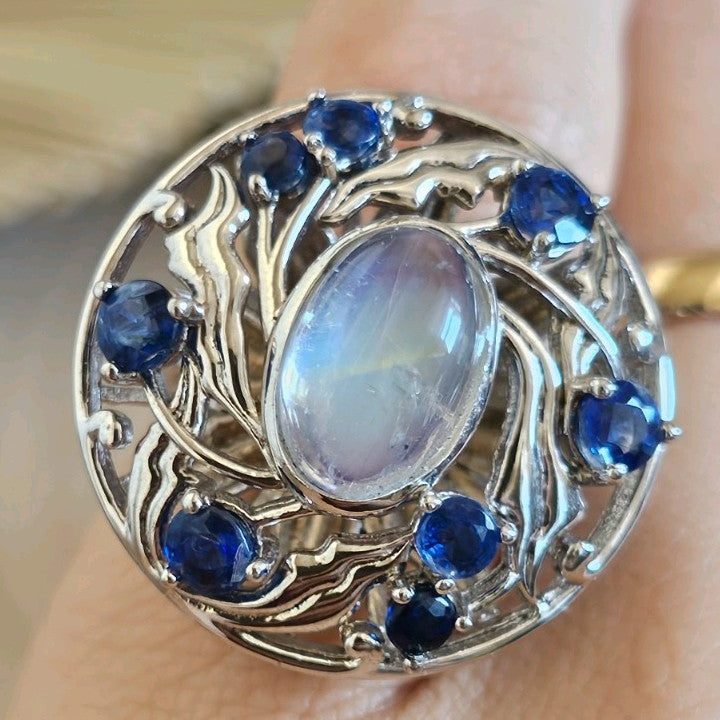 Shipton & Co 925 Silver Moonstone Kyanite Arts & Crafts Ring Size N 1/2
