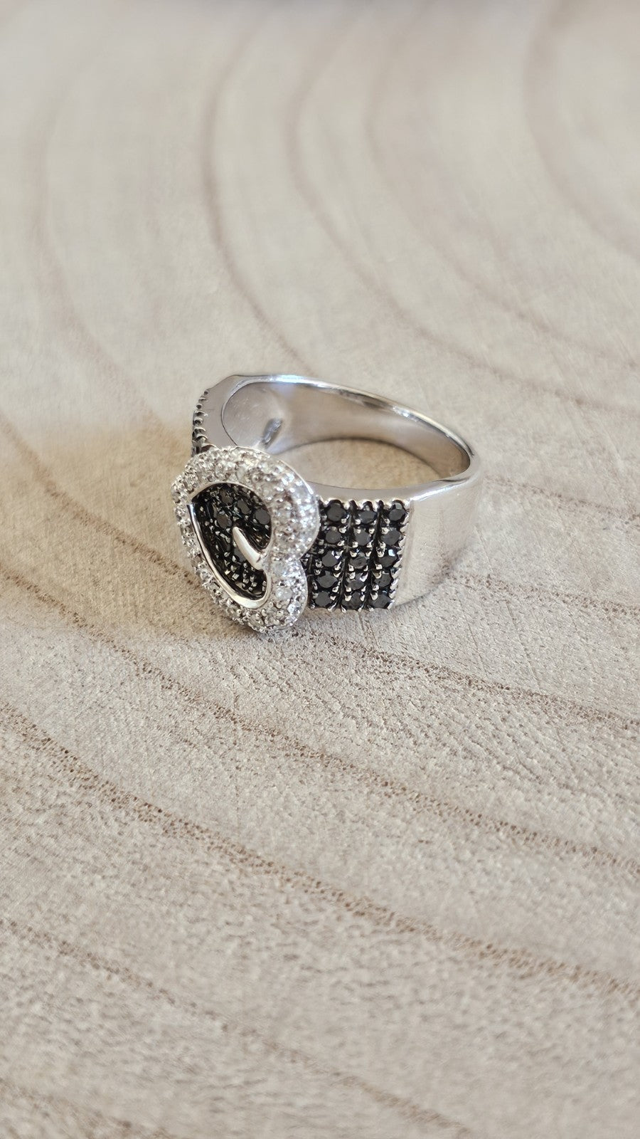 Sterling Silver Natural Black & Clear Diamond Buckle Ring Size N 1/2