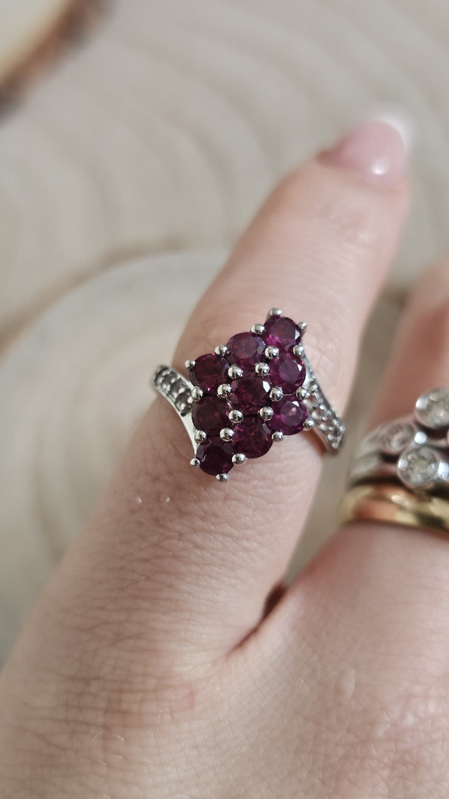 TGGC 925 Sterling Silver Rhodolite Garnet & Zircon Cluster Ring Size L 1/2