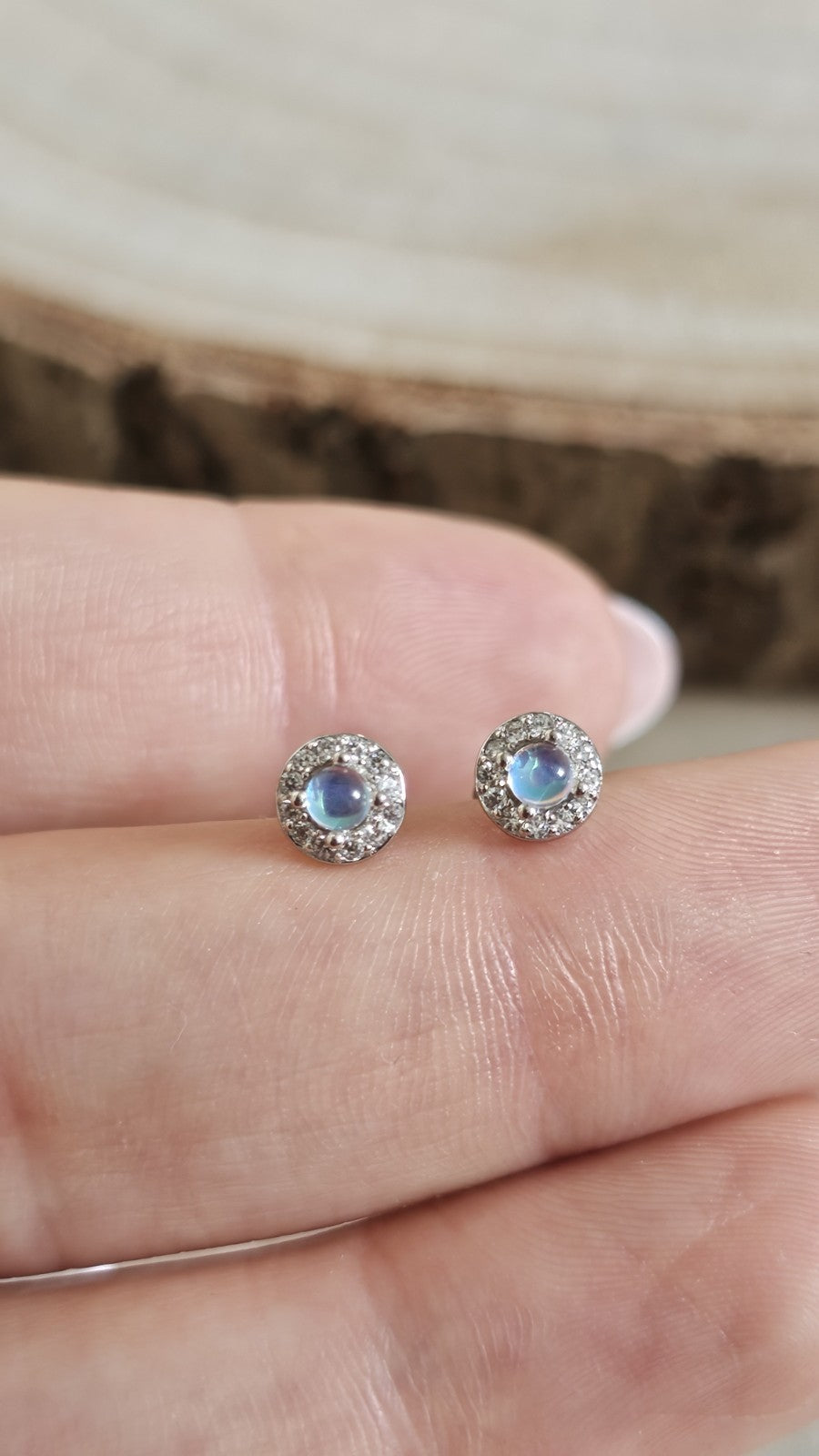 925 Sterling Silver Moonstone CZ Halo Stud Earrings 6mm Round Stamped 925 , New