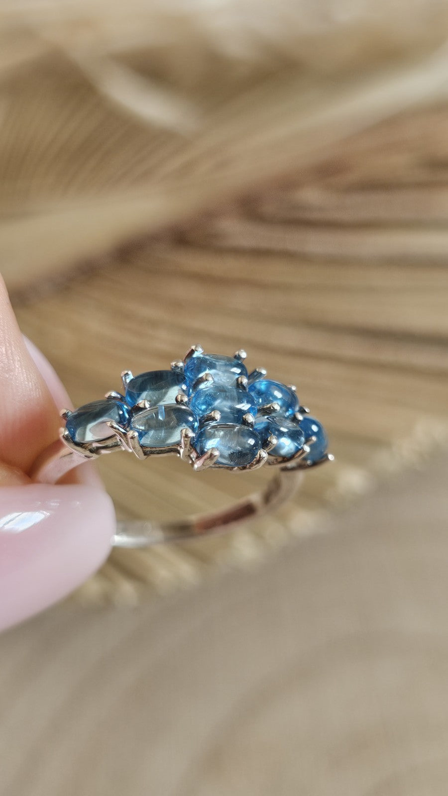 TGGC 925 Sterling Silver Blue Topaz Cabochon Cluster Ring Size R 1/2