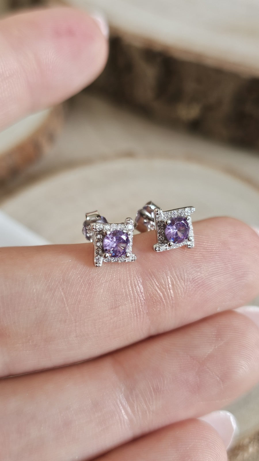 925 Sterling Silver Amethyst CZ Stud Earrings Rhodium Plated 7mm New in Box