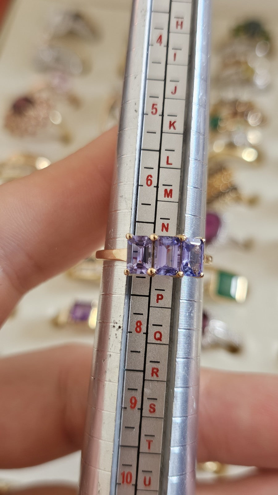 10ct Yellow Gold Natural Tanzanite Trilogy Ring Size N½ | Emerald Cut Hallmarked