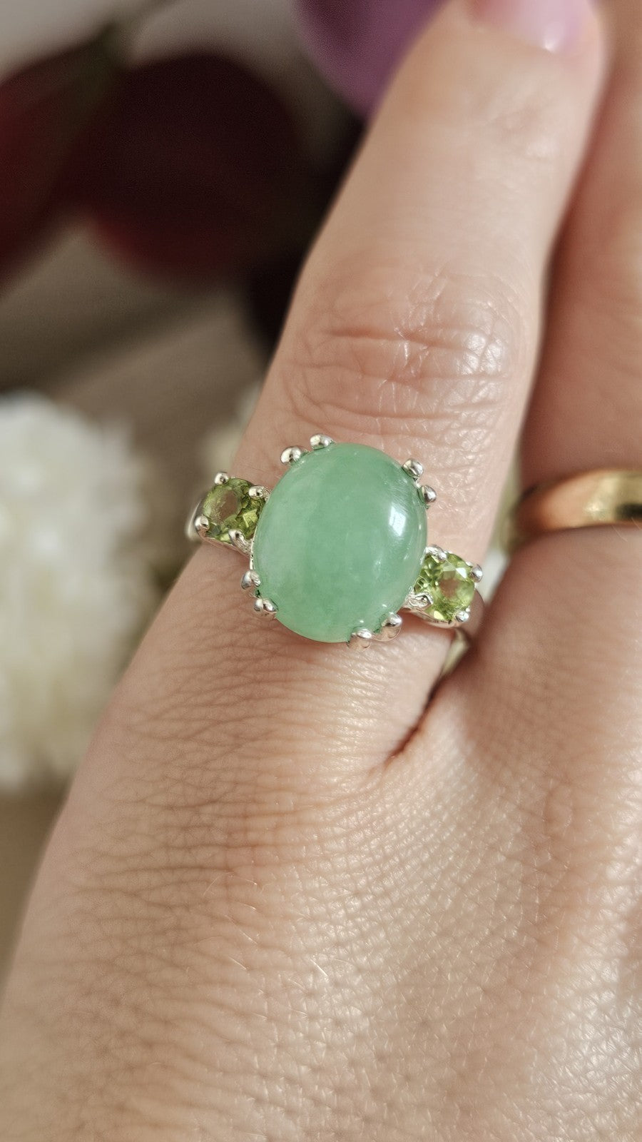 925 Sterling Silver Jade & Peridot Gemstone Ring Size P 4.28g