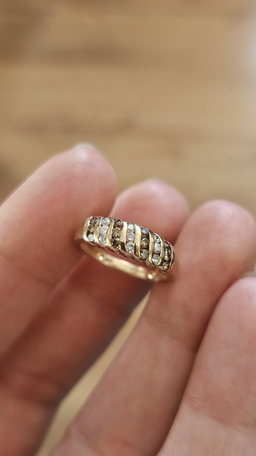 9ct Yellow Gold 0.63ct Champagne & White Diamond Three-Row Ring - Size L 1/2