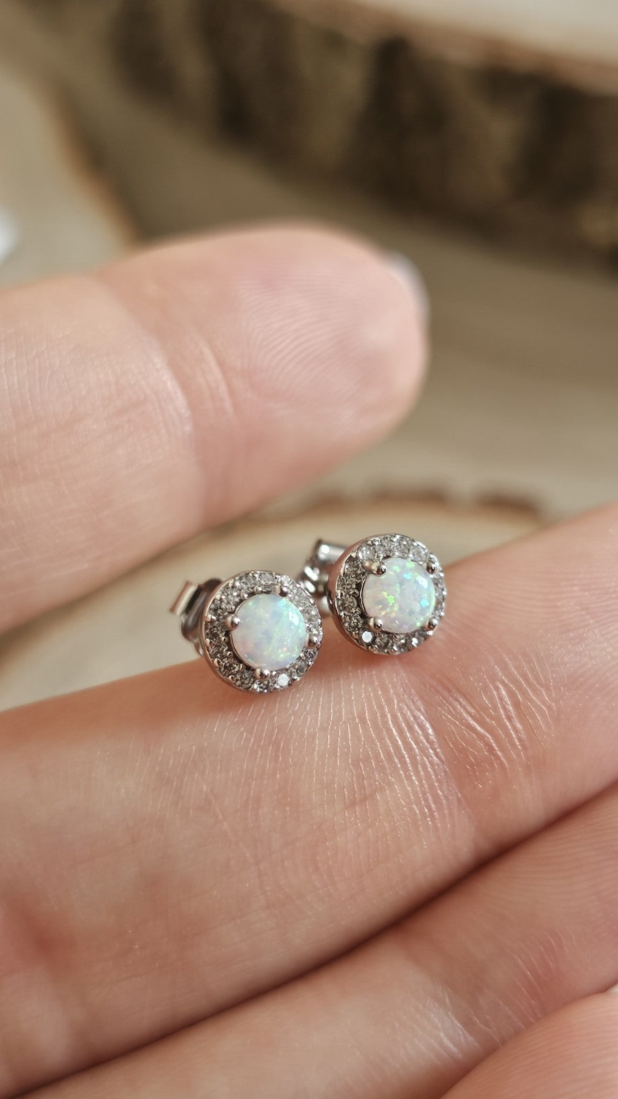 925 Sterling Silver White Opal CZ Halo Stud Earrings 6.6mm