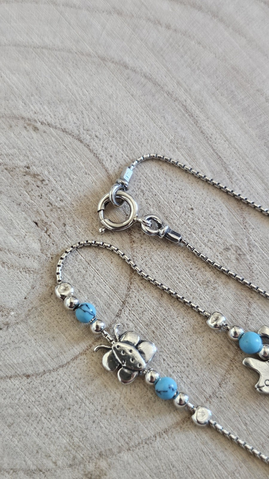 925 Sterling Silver Turquoise Stone Animal Charm Necklace Cat Snail 17" 10.35g