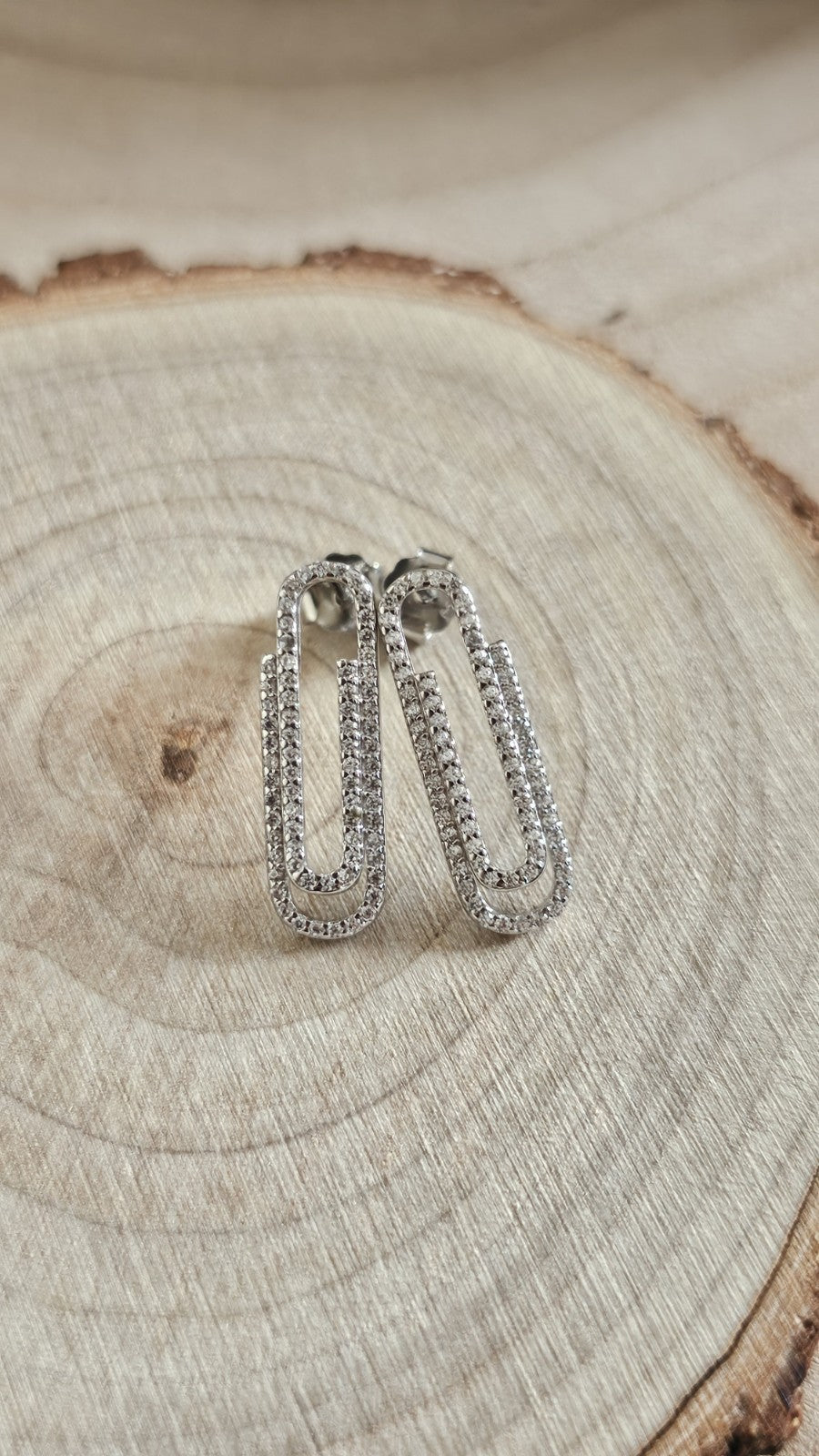 925 Sterling Silver CZ Paperclip Stud Earrings Sparkling Link Design