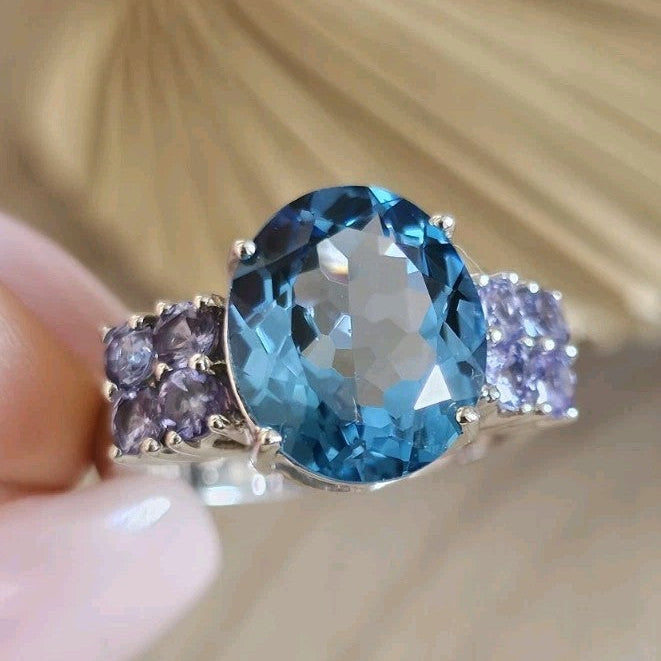 Sterling Silver Swiss Blue Topaz Tanzanite Cluster Ring Size N 4.64g