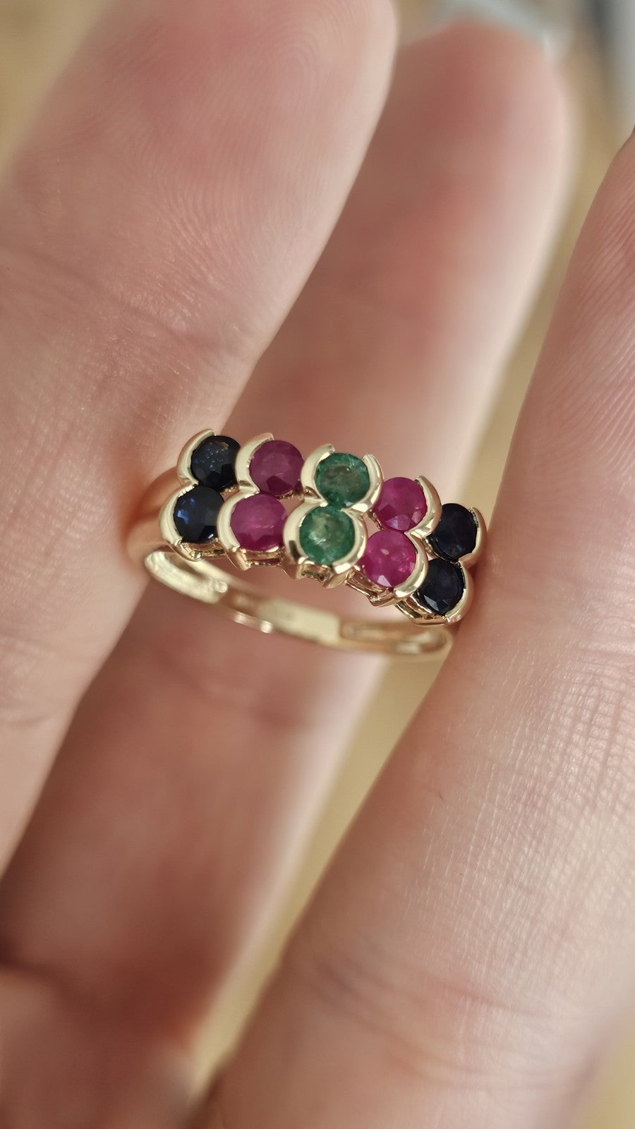 9ct Yellow Gold Natural Ruby Emerald Sapphire Multi Gem Ring Size O 1/2 3.07g