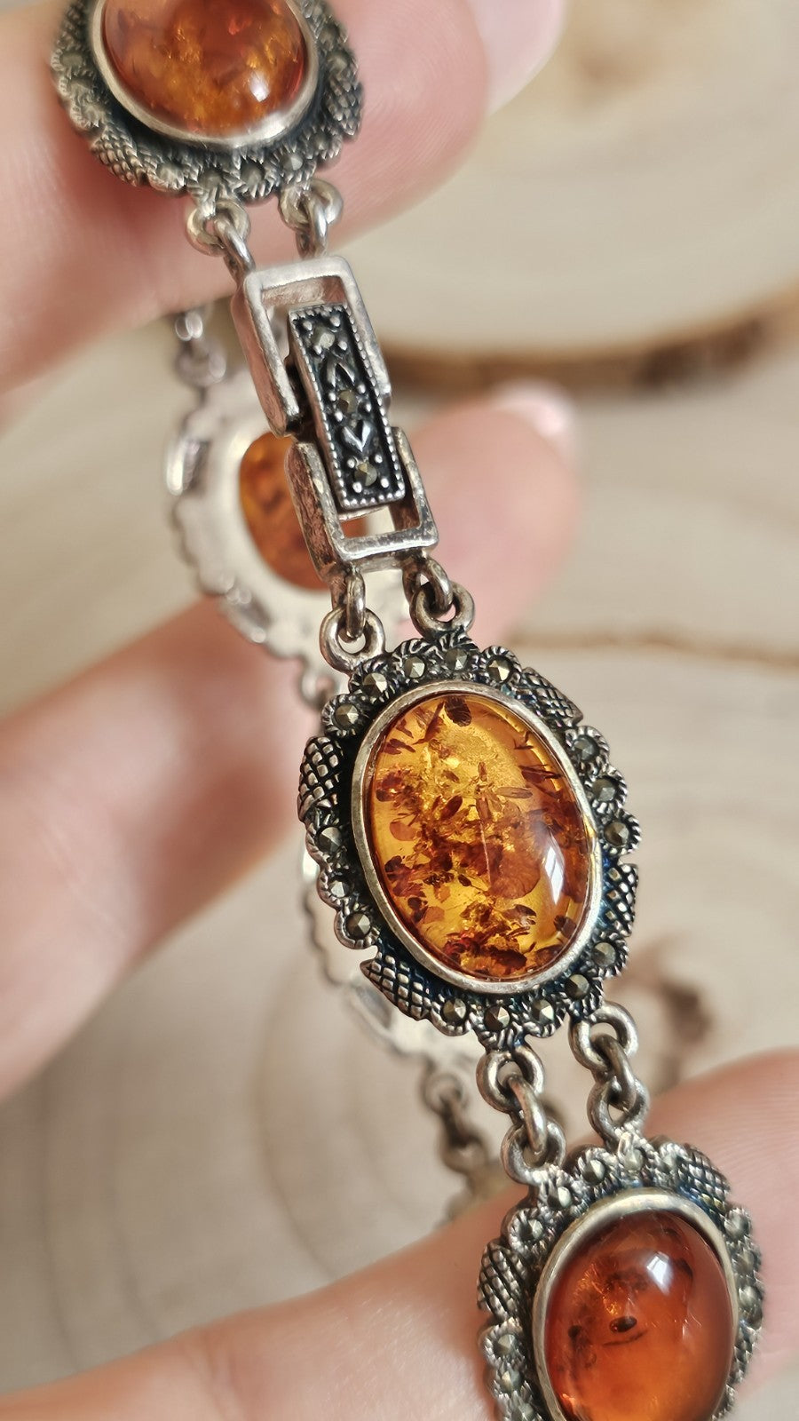 Vintage 925 Sterling Silver Amber Marcasite Bracelet 8" Hallmarked 22.38g