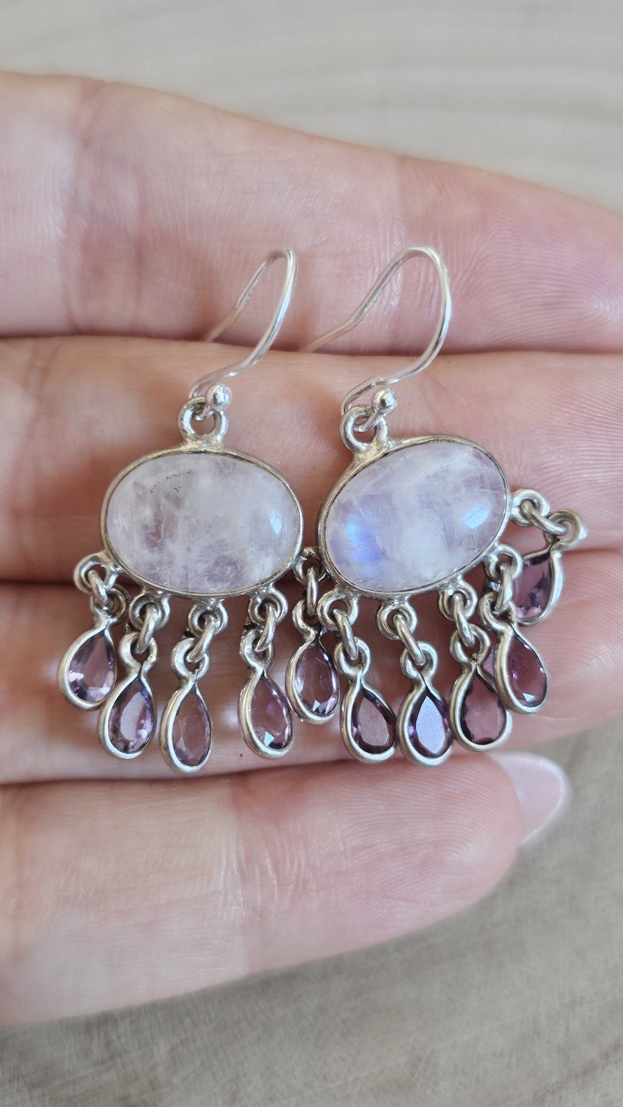925 Sterling Silver Natural Moonstone & Amethyst Chandelier Drop Earrings