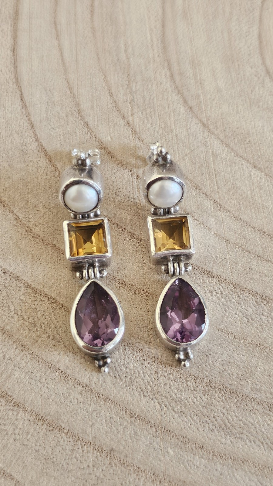 Vintage 925 Sterling Silver Pearl Citrine Amethyst Drop Earrings 12.12g