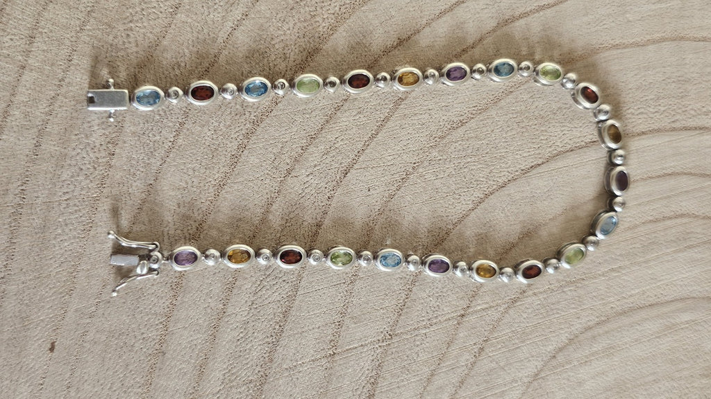 925 Sterling Silver Multi Gemstone Bracelet Garnet Amethyst Topaz 8inches