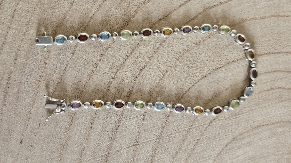 925 Sterling Silver Multi Gemstone Bracelet Garnet Amethyst Topaz 8inches