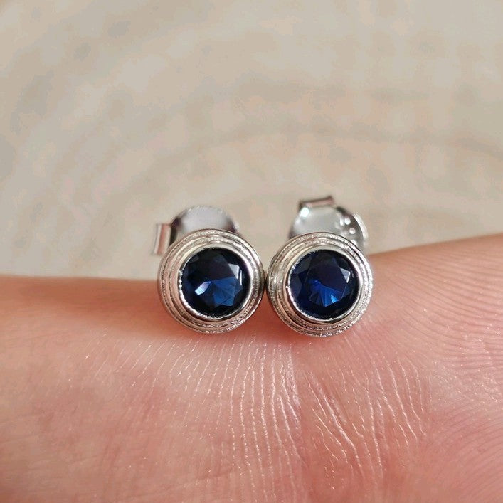 925 Sterling Silver Sapphire Blue CZ Round Stud Earrings 6mm Bezel Set