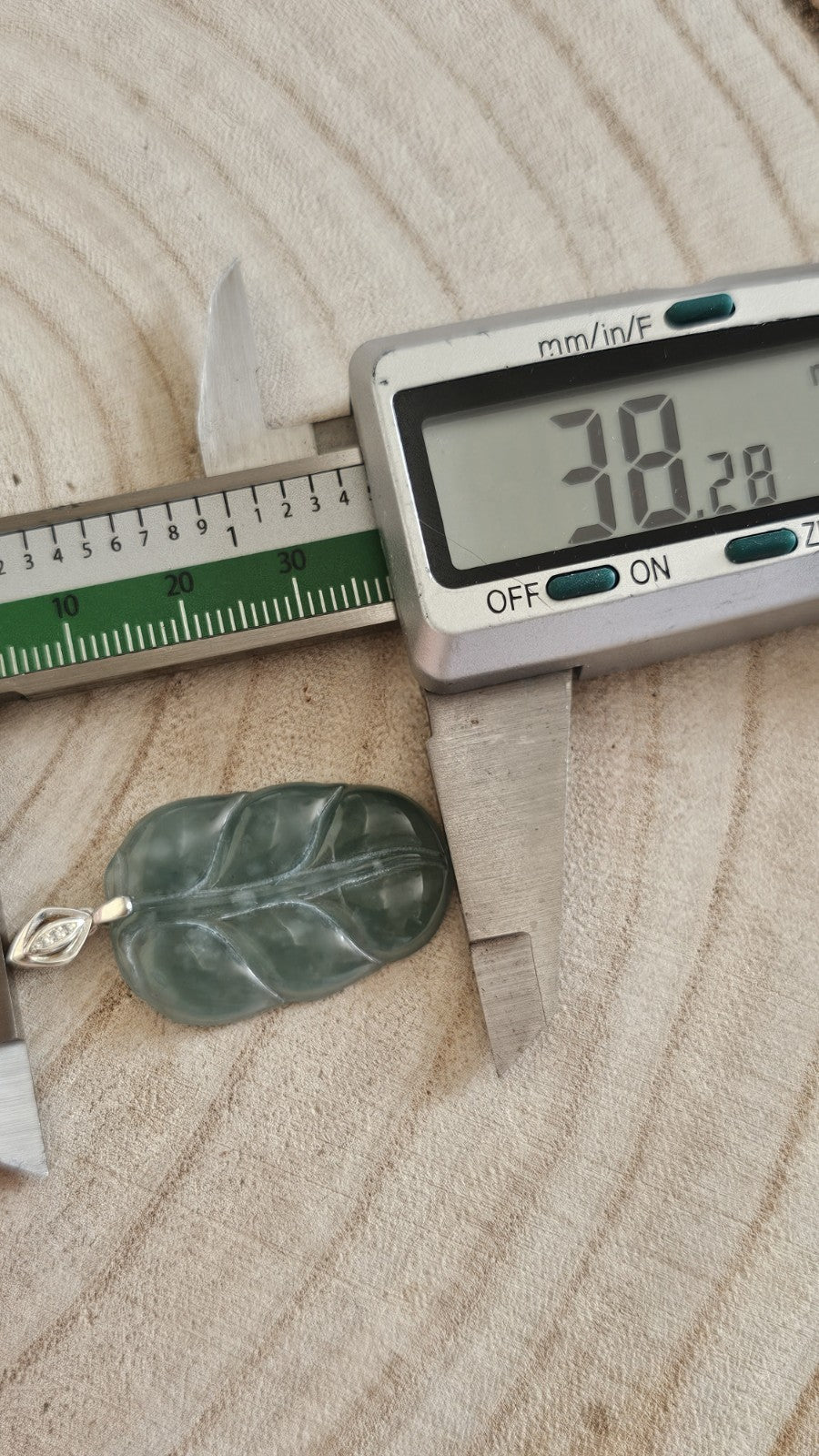 Gemporia 925 Sterling Silver Jadeite & Diamond Carved Leaf Pendant Signed G
