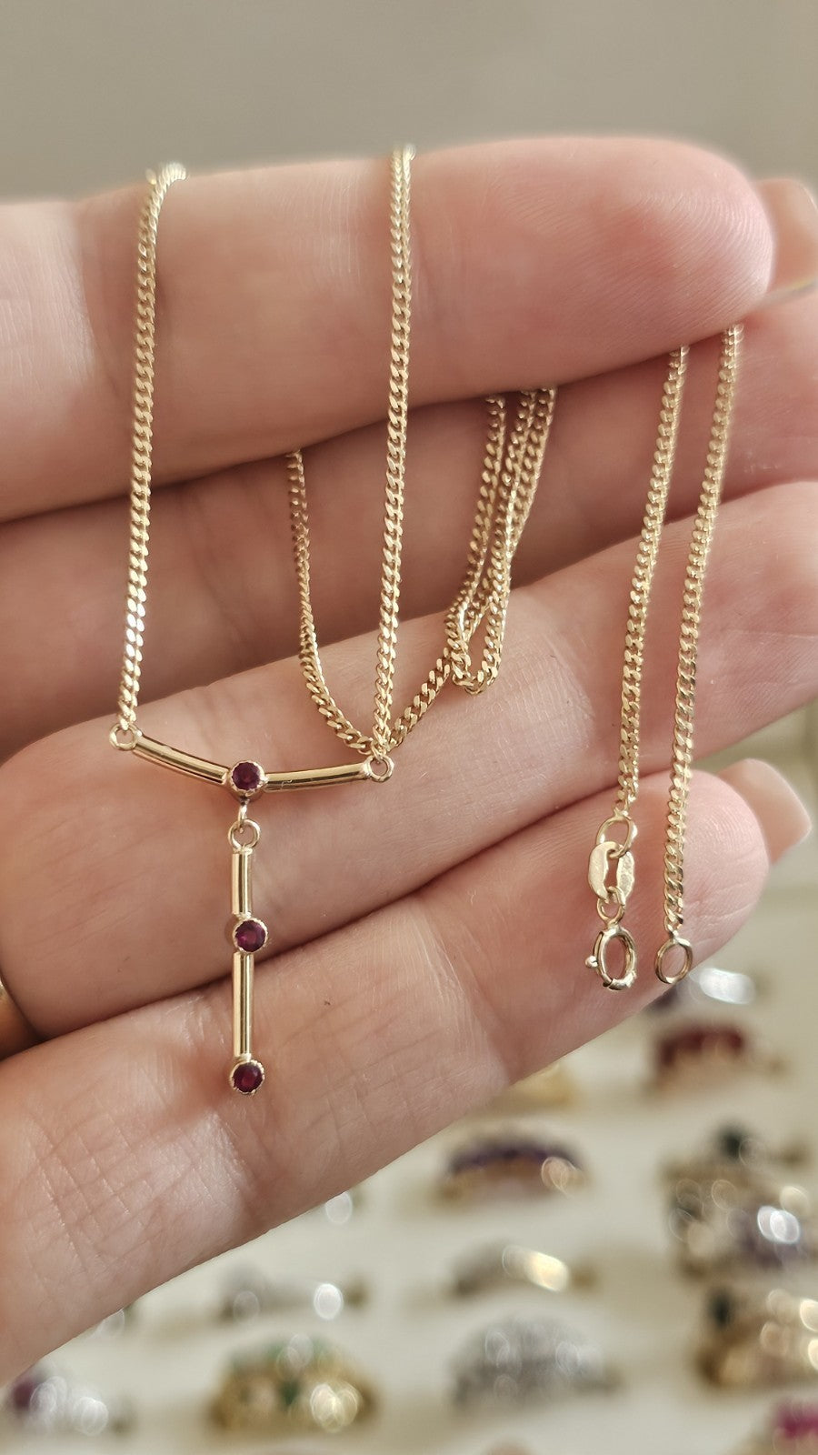 9ct Yellow Gold  Ruby Necklace 16.5" Fine Curb Chain | Full Hallmark
