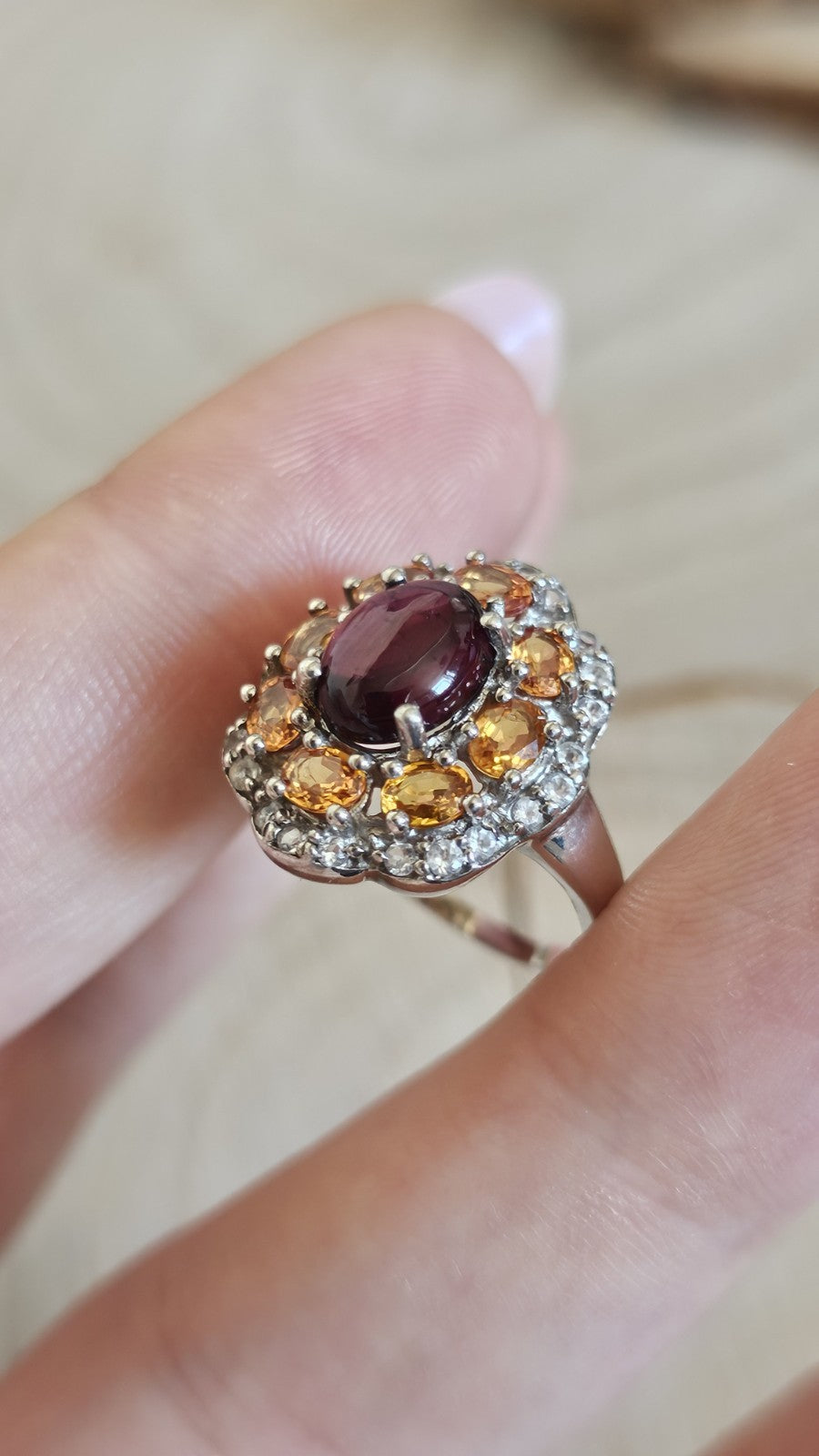 925 Sterling Silver Garnet ,Sapphire & Zircon Cluster Ring Size N 4.48g