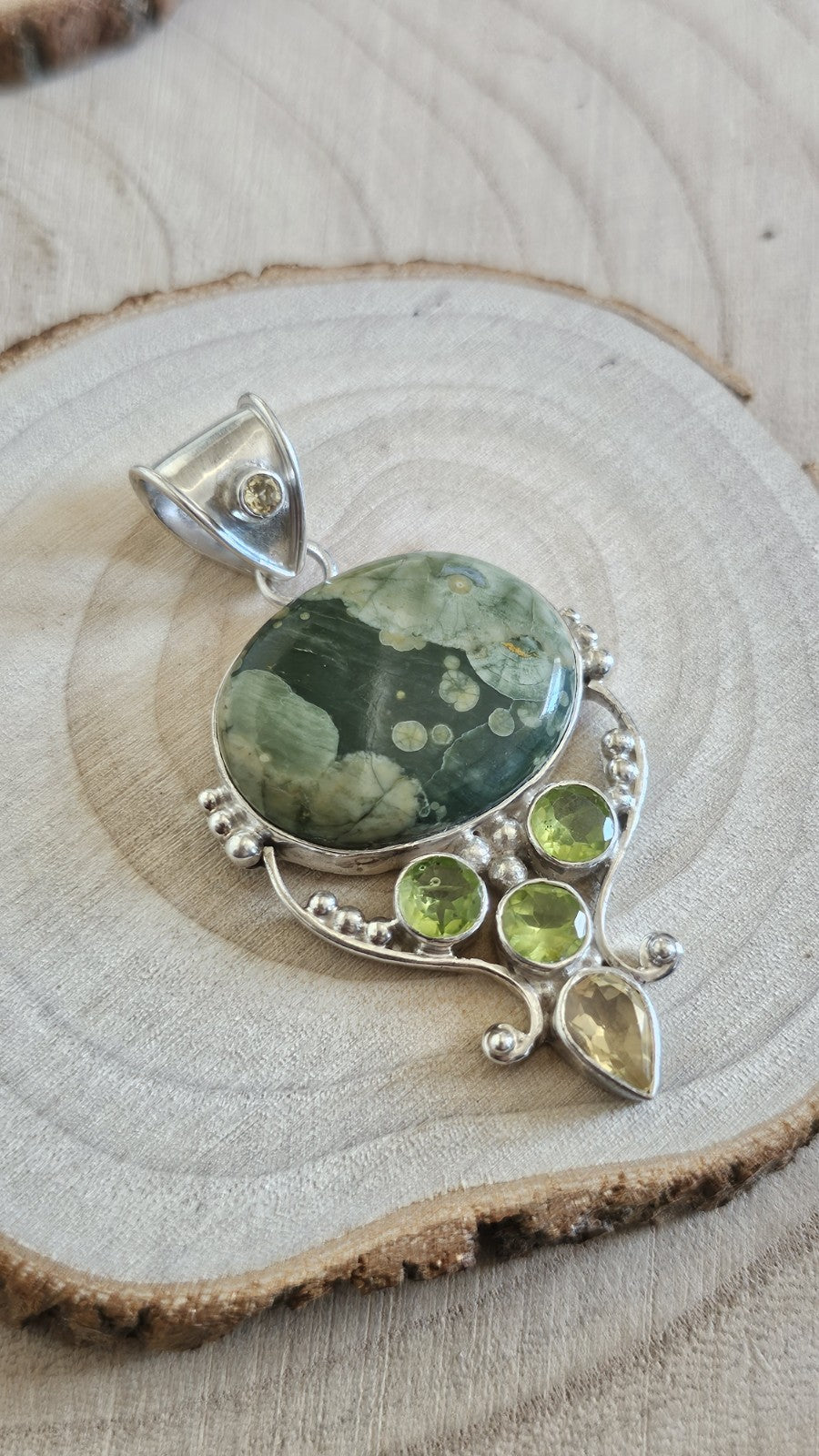 925 Sterling Silver Rainforest Jasper Peridot Citrine Pendant 60mm 17.55g
