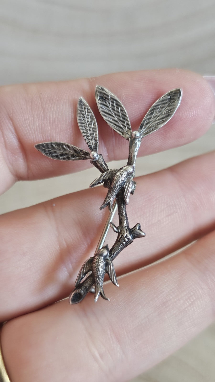 Vintage Silver Swallow Bird & Leaf Branch Brooch Pin 47mm 2.82g