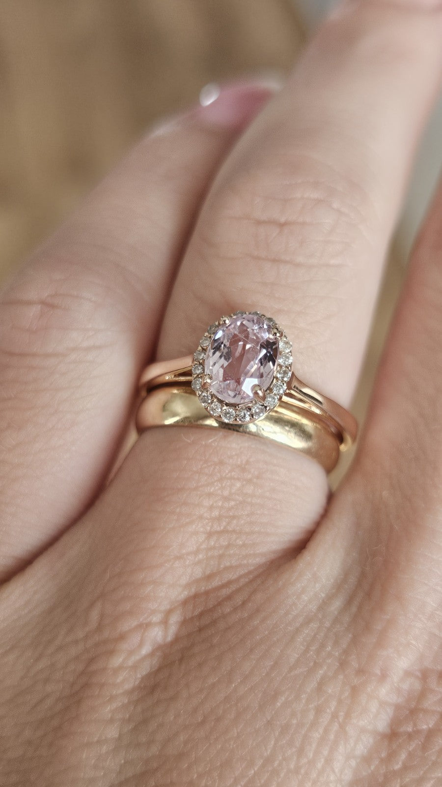 🌸 9ct Rose Gold Morganite & Diamond Halo Ring | Natural Morganite Size T 3.00g