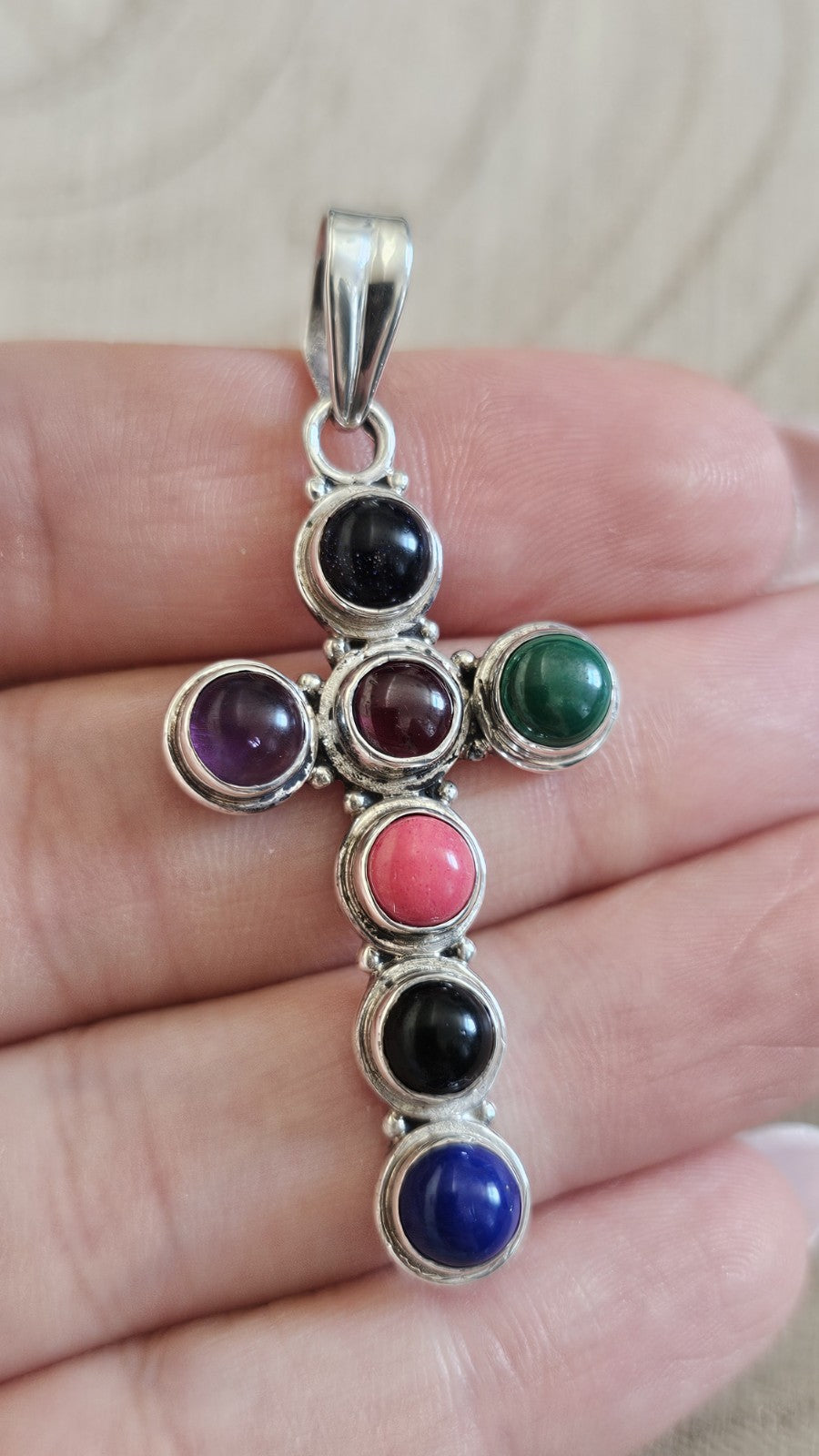 925 Sterling Silver Multi Gemstone Cross Pendant –Lapis, Garnet, Amethyst & More