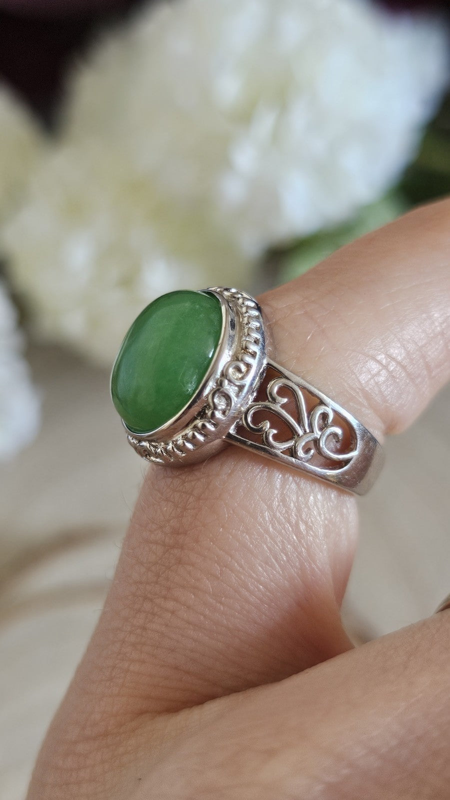 925 Sterling Silver Green Jade Oval Ring Size L 1/2 Ornate Scroll 4.92g