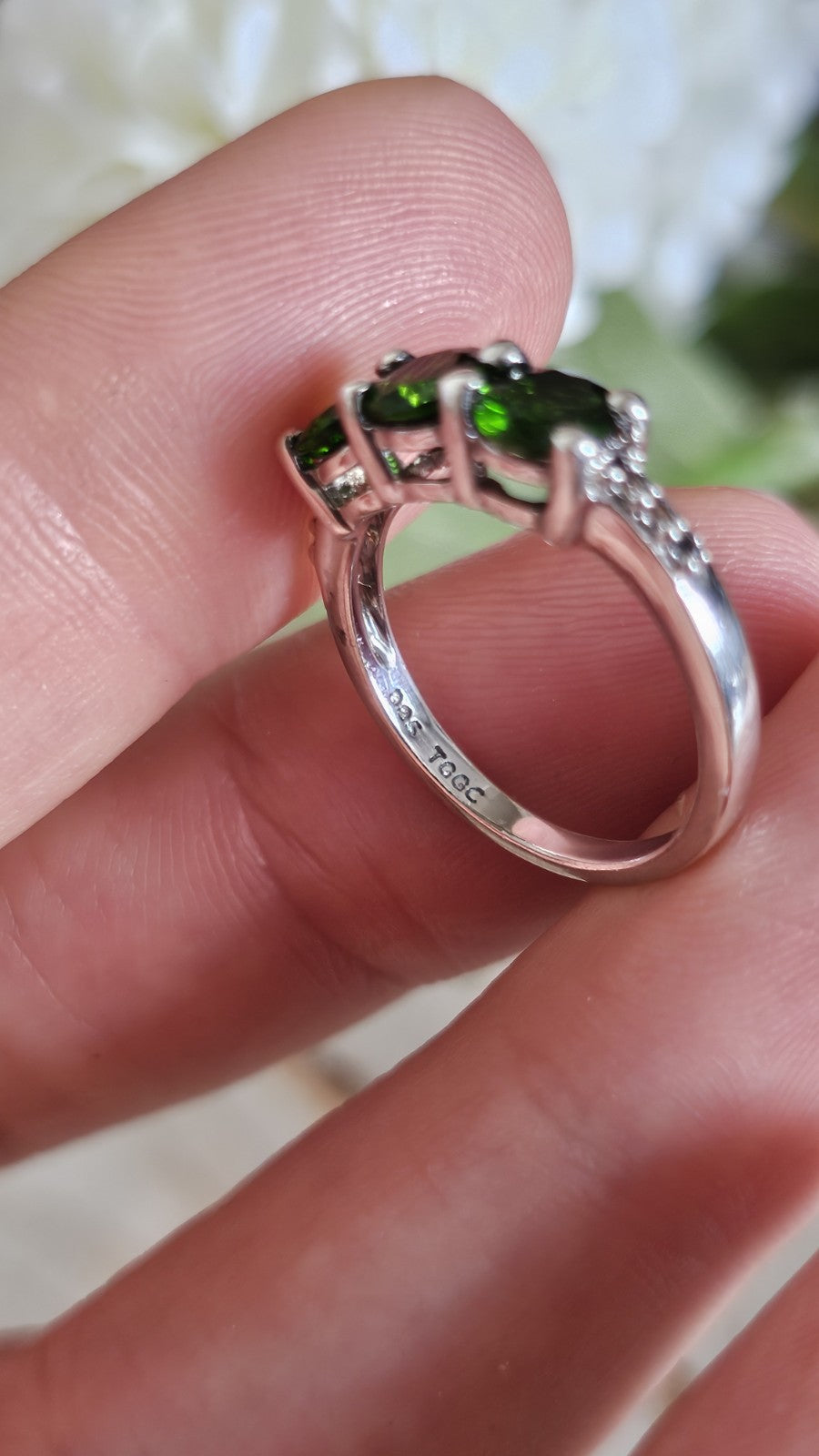 925 Sterling Silver Chrome Diopside Trilogy Ring Size L 1/2 TGGC 2.56g