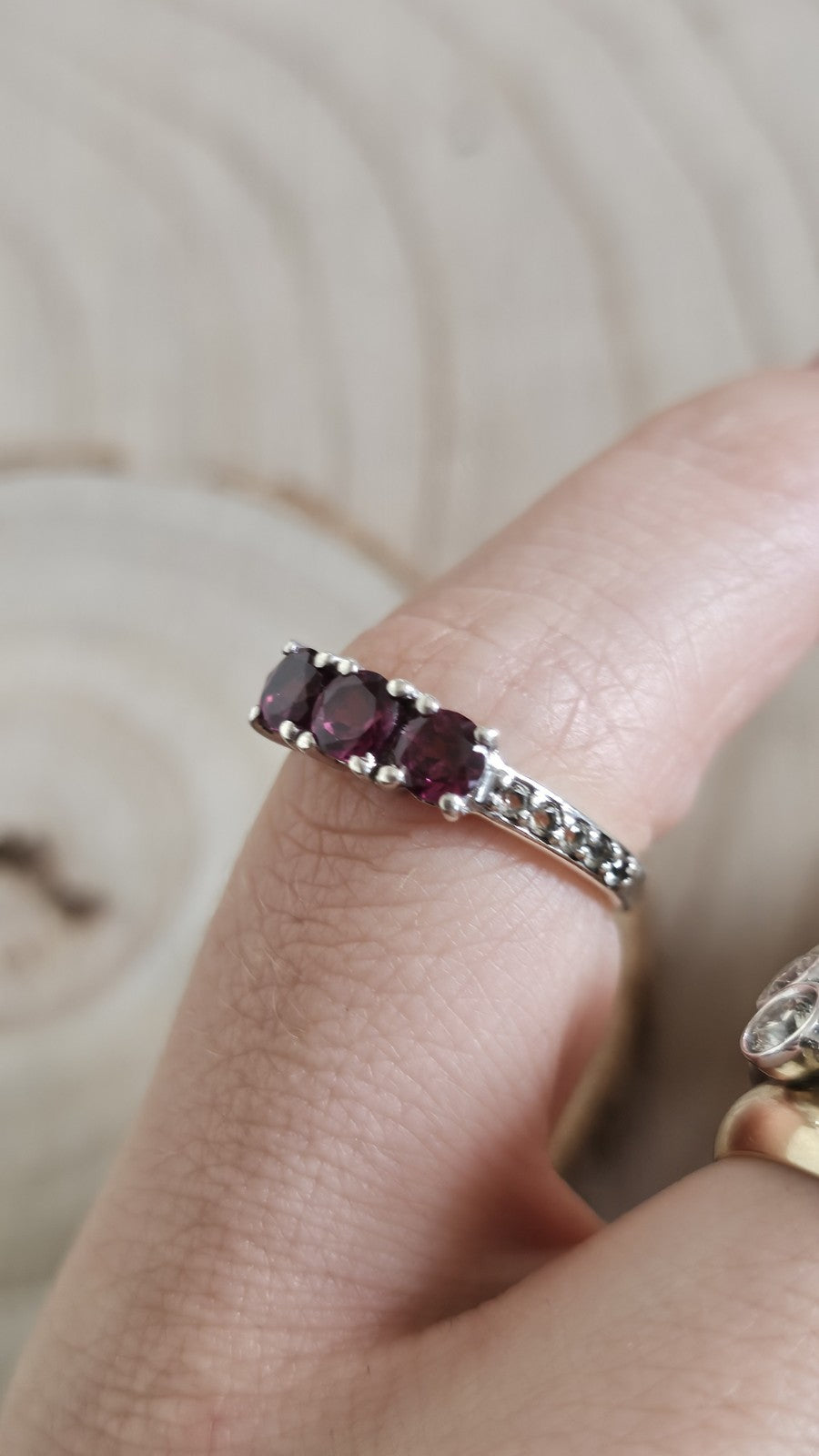 TGGC 925 Sterling Silver Rhodolite Garnet & Zircon Trilogy Ring Size L