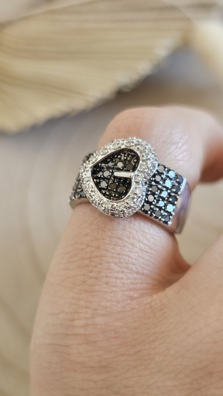 Sterling Silver Natural Black & Clear Diamond Buckle Ring Size N 1/2