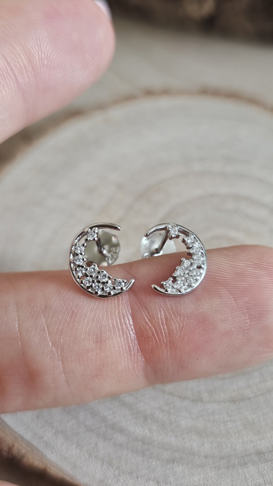 925 Sterling Silver CZ Crescent Moon Stud Earrings Rhodium Plated New