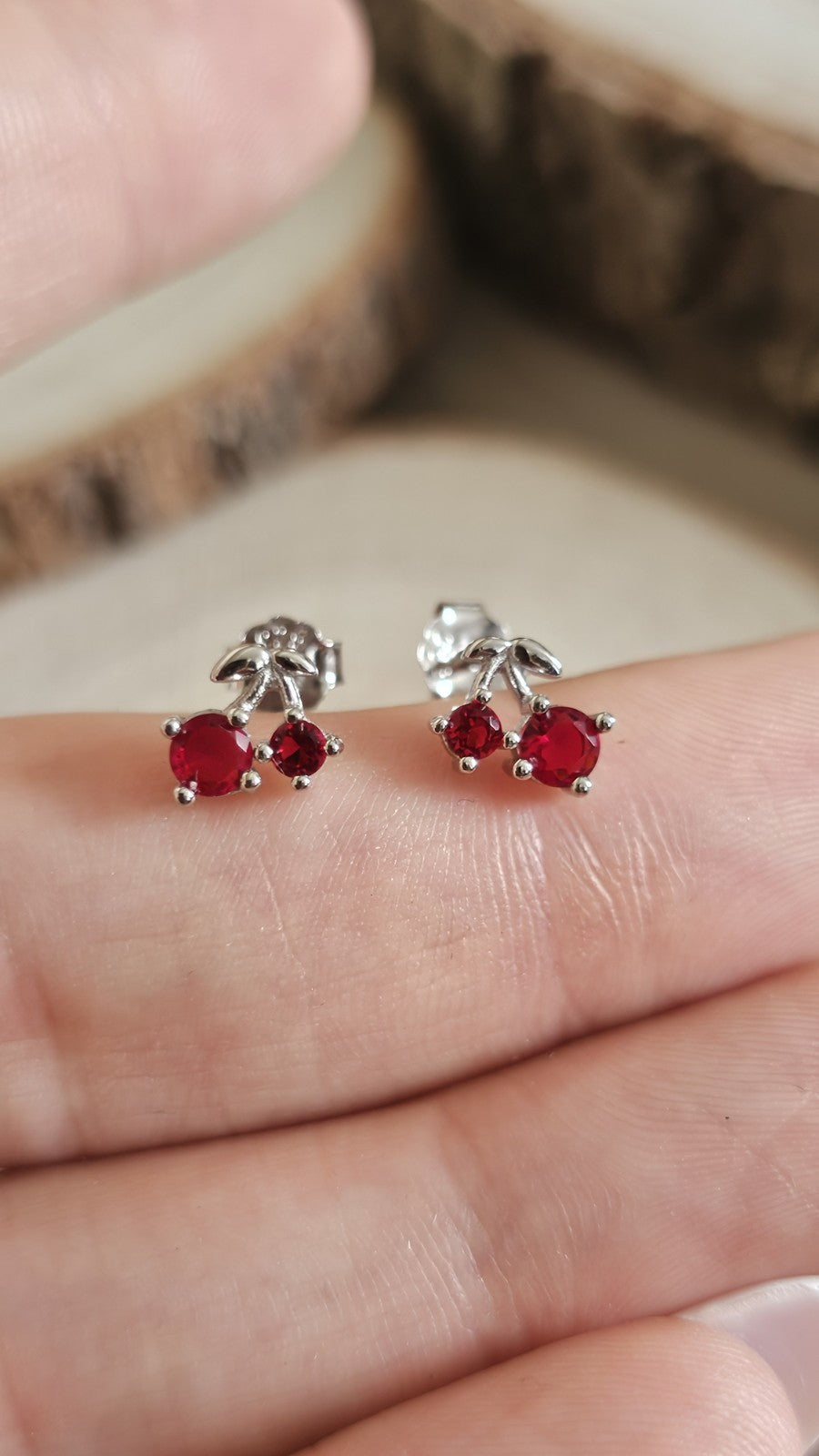 925 Sterling Silver Red Stone Cherry Stud Earrings Rhodium Plated 7.5mm