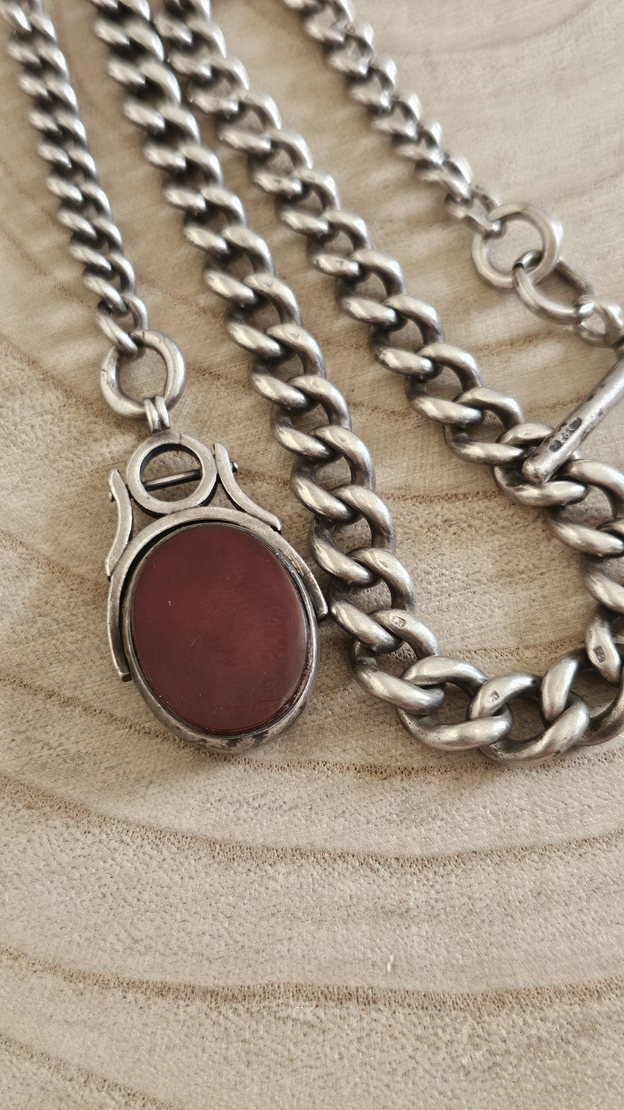 Antique 1901 Sterling Silver Graduated Albert Chain 1889 Carnelian BloodstoneFob