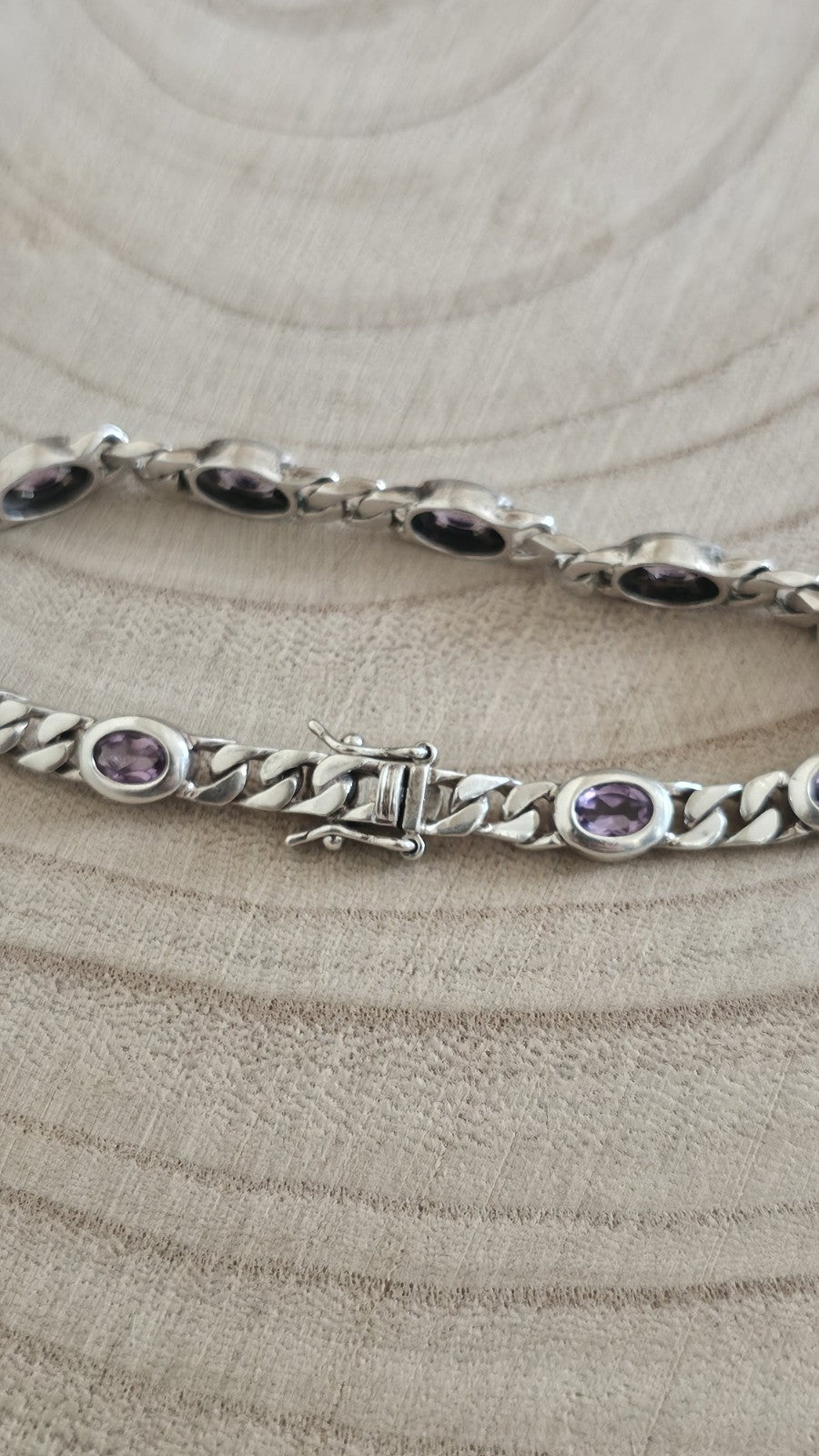 925 Sterling Silver Curb Link Amethyst Bracelet 18.5cm Hallmarked 13.39g