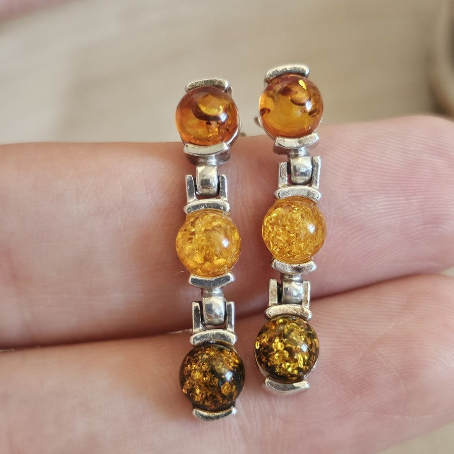 925 Sterling Silver Multi Amber Drop Earrings 3 Stone Articulated 4.36g