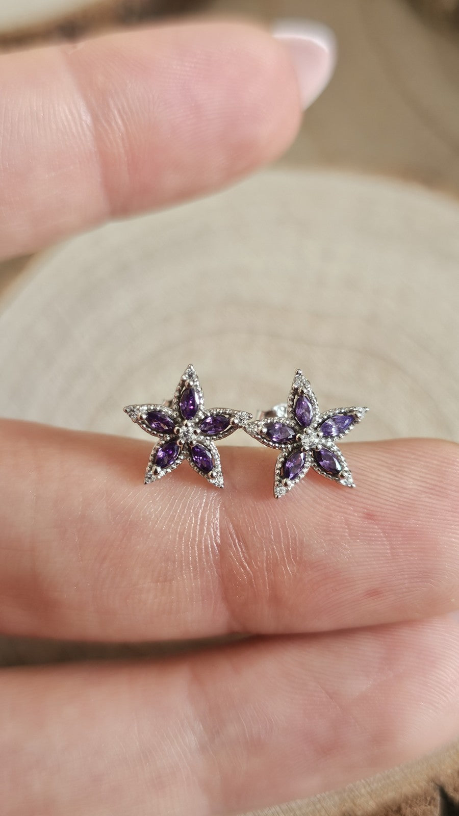 925 Sterling Silver Purple CZ Flower Stud Earrings 11mm Floral Star New