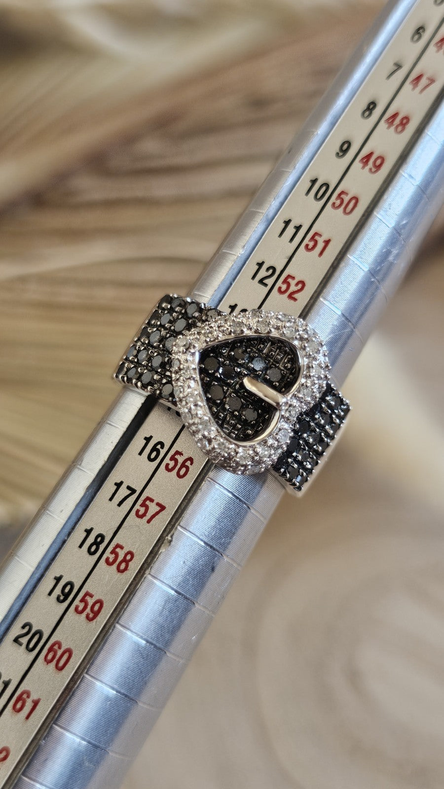 Sterling Silver Natural Black & Clear Diamond Buckle Ring Size N 1/2
