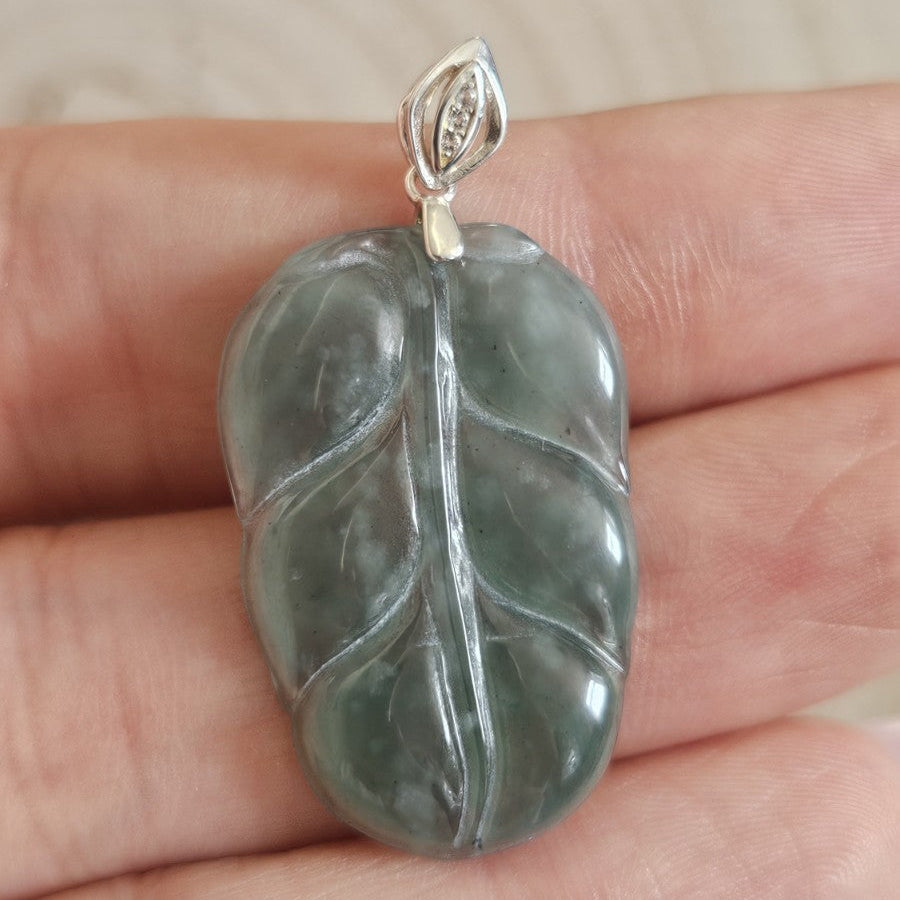Gemporia 925 Sterling Silver Jadeite & Diamond Carved Leaf Pendant Signed G