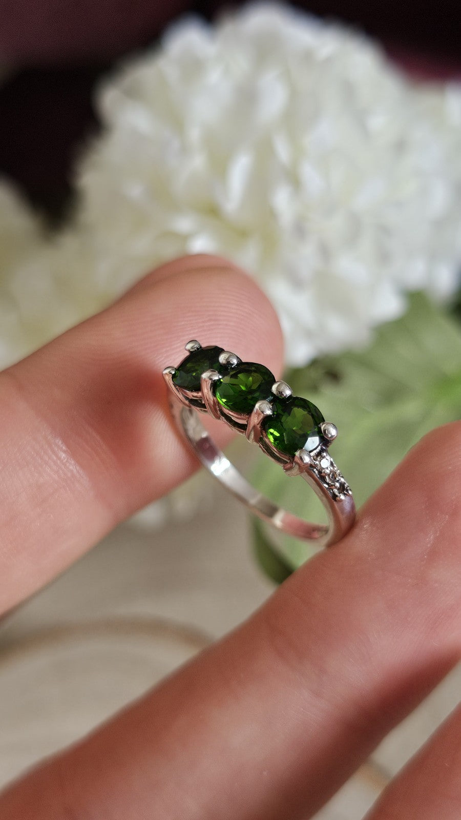 925 Sterling Silver Chrome Diopside Trilogy Ring Size L 1/2 TGGC 2.56g