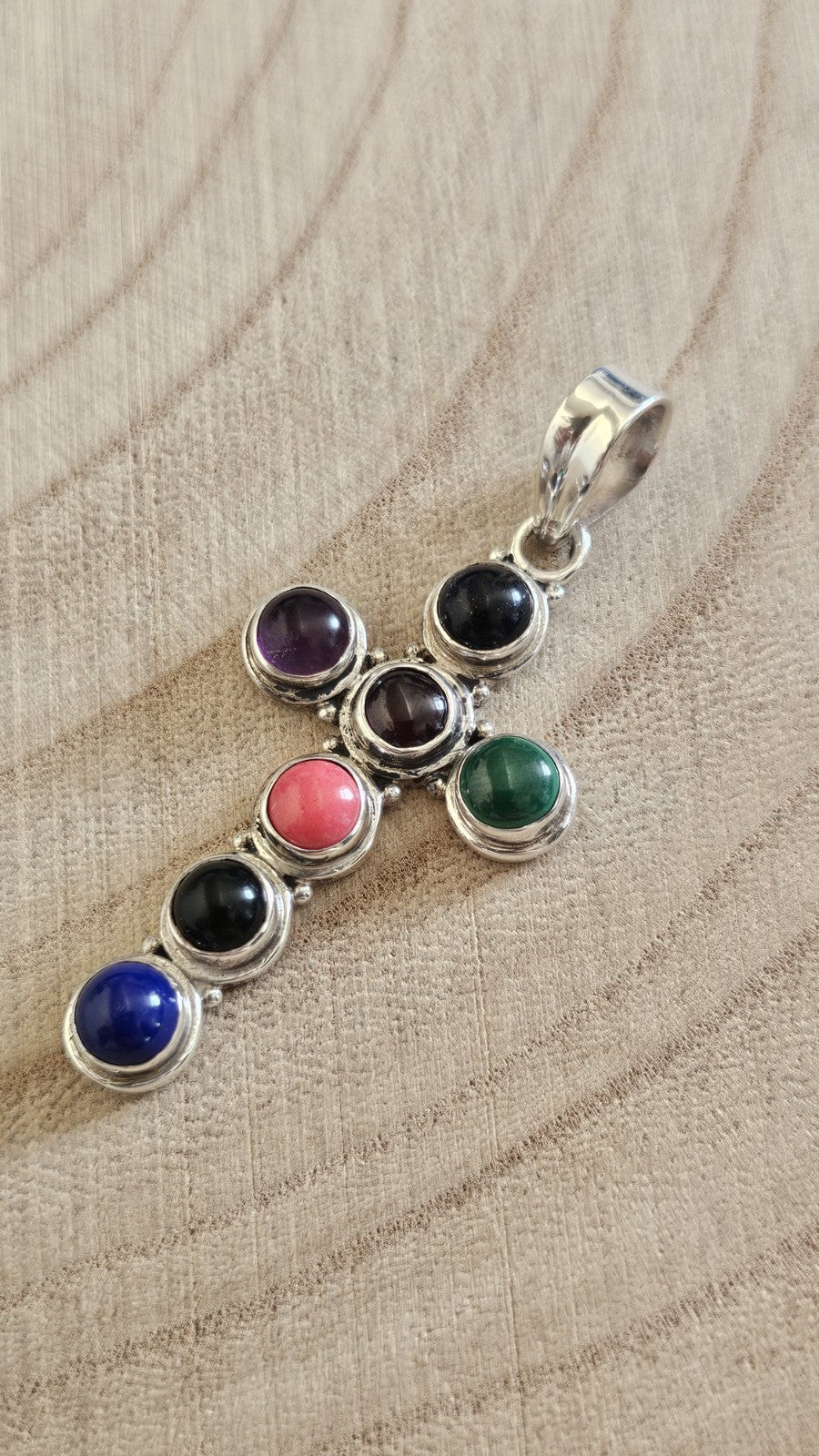 925 Sterling Silver Multi Gemstone Cross Pendant –Lapis, Garnet, Amethyst & More