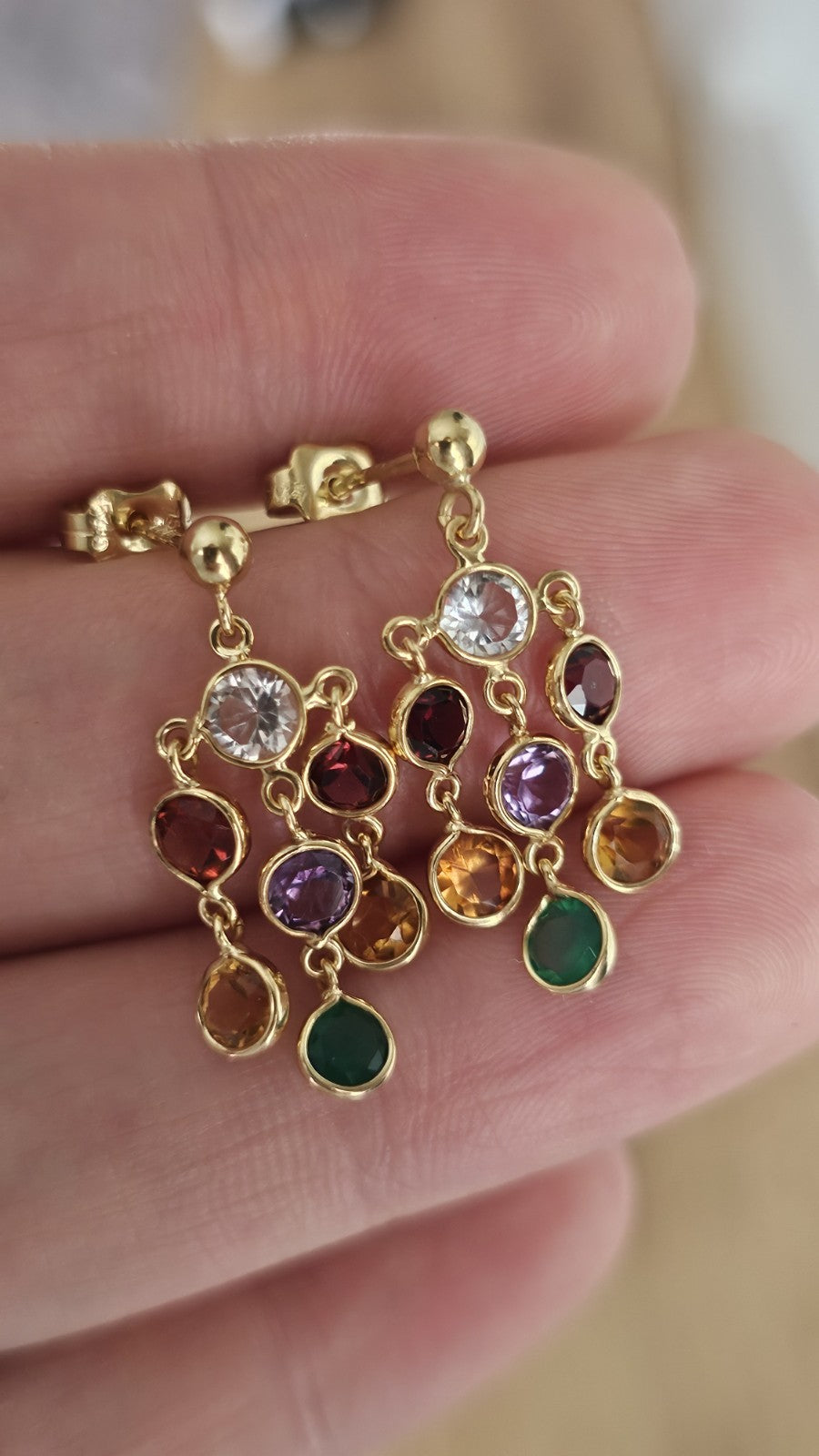 18ct Yellow Gold Multi Gemstone Chandelier Drop Earrings 3g Hallmarked
