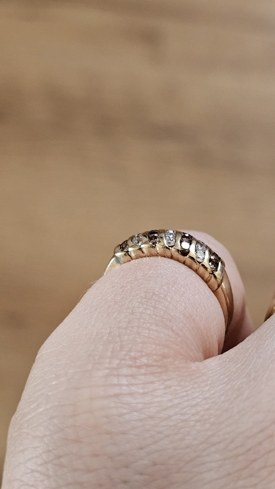 9ct Yellow Gold 0.63ct Champagne & White Diamond Three-Row Ring - Size L 1/2