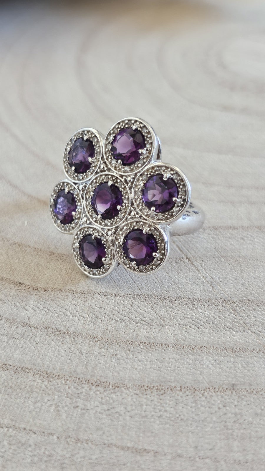 TGGC 925 Sterling Silver Amethyst Zircon Cluster Ring Size N 1/2 10.17g