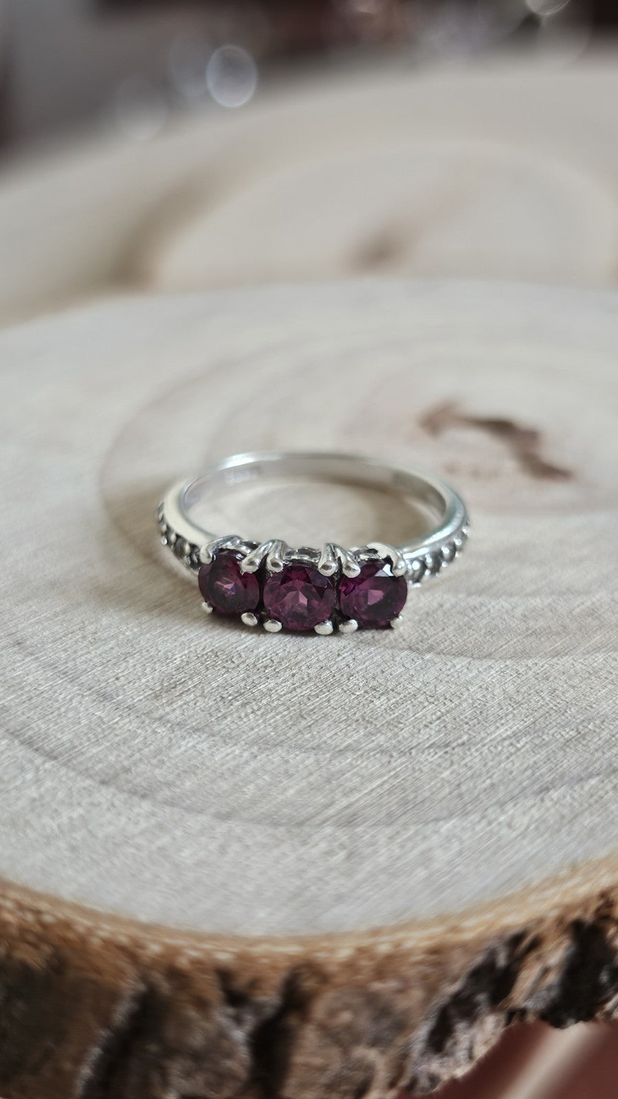 TGGC 925 Sterling Silver Rhodolite Garnet & Zircon Trilogy Ring Size L
